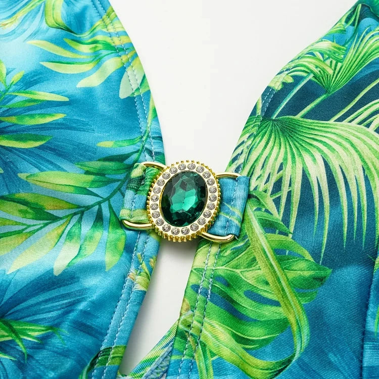 Elegant Women Jungle Green Print One Piece Swimsuit Skirt Set