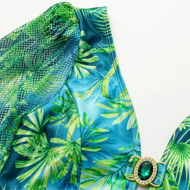 Elegant Women Jungle Green Print One Piece Swimsuit Skirt Set