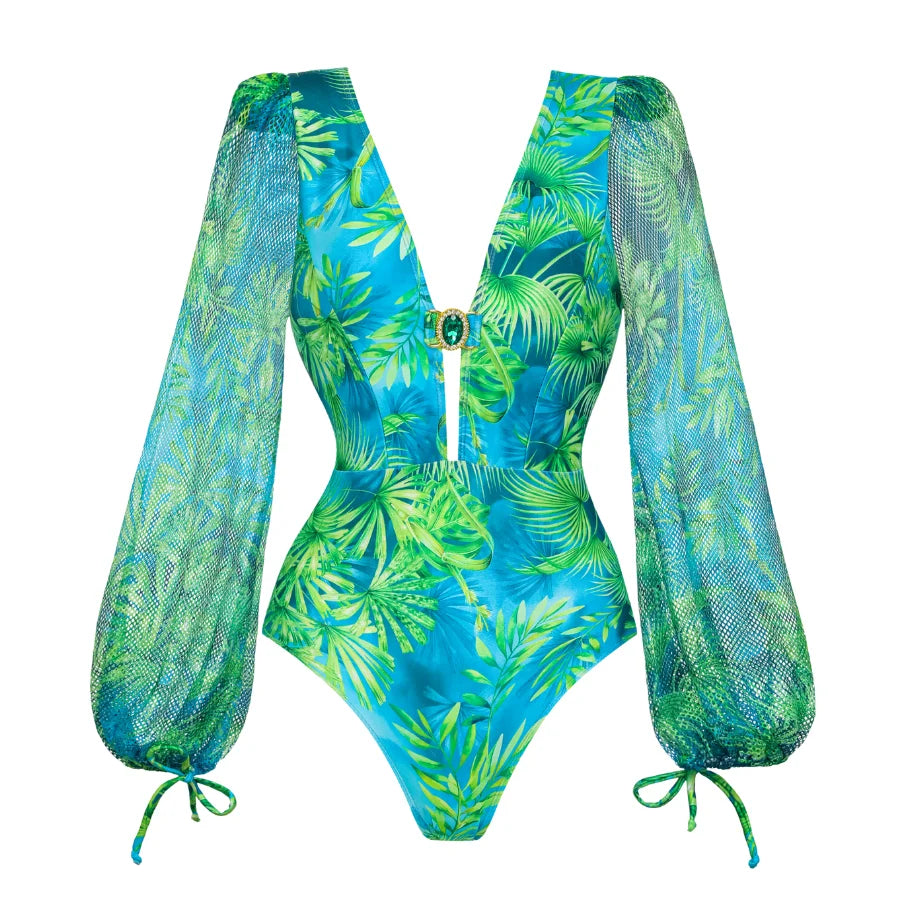 Elegant Women Jungle Green Print One Piece Swimsuit Skirt Set