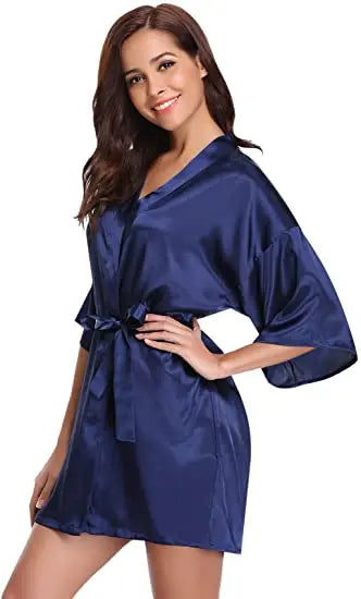 Women's Green Satin Elegant Kimono Bathrobe Bridal Sleepwear Set