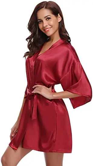 Women's Green Satin Elegant Kimono Bathrobe Bridal Sleepwear Set