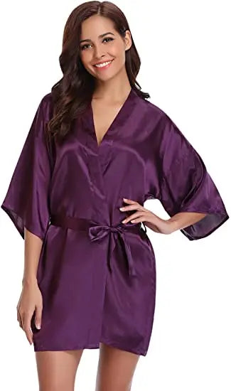 Women's Green Satin Elegant Kimono Bathrobe Bridal Sleepwear Set
