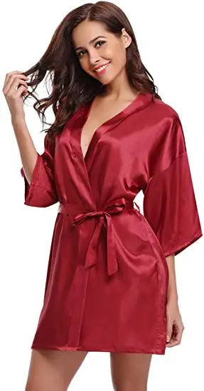 Women's Green Satin Elegant Kimono Bathrobe Bridal Sleepwear Set