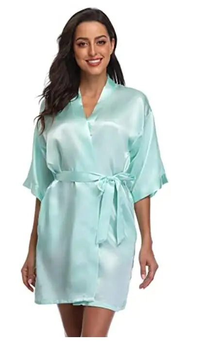 Women's Green Satin Elegant Kimono Bathrobe Bridal Sleepwear Set
