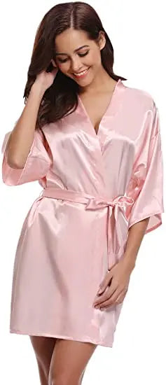 Women's Green Satin Elegant Kimono Bathrobe Bridal Sleepwear Set