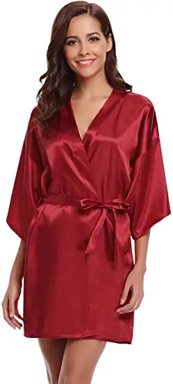 Women's Green Satin Elegant Kimono Bathrobe Bridal Sleepwear Set