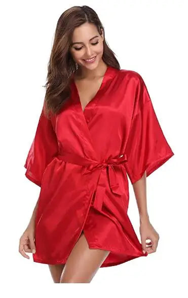 Women's Green Satin Elegant Kimono Bathrobe Bridal Sleepwear Set