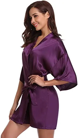 Women's Green Satin Elegant Kimono Bathrobe Bridal Sleepwear Set