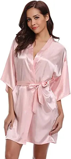 Women's Green Satin Elegant Kimono Bathrobe Bridal Sleepwear Set