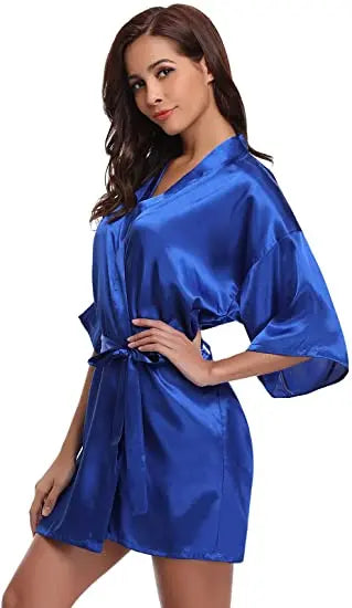 Women's Green Satin Elegant Kimono Bathrobe Bridal Sleepwear Set