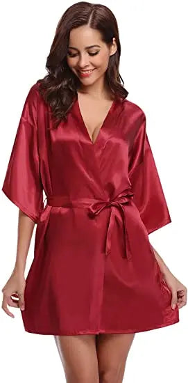 Women's Green Satin Elegant Kimono Bathrobe Bridal Sleepwear Set