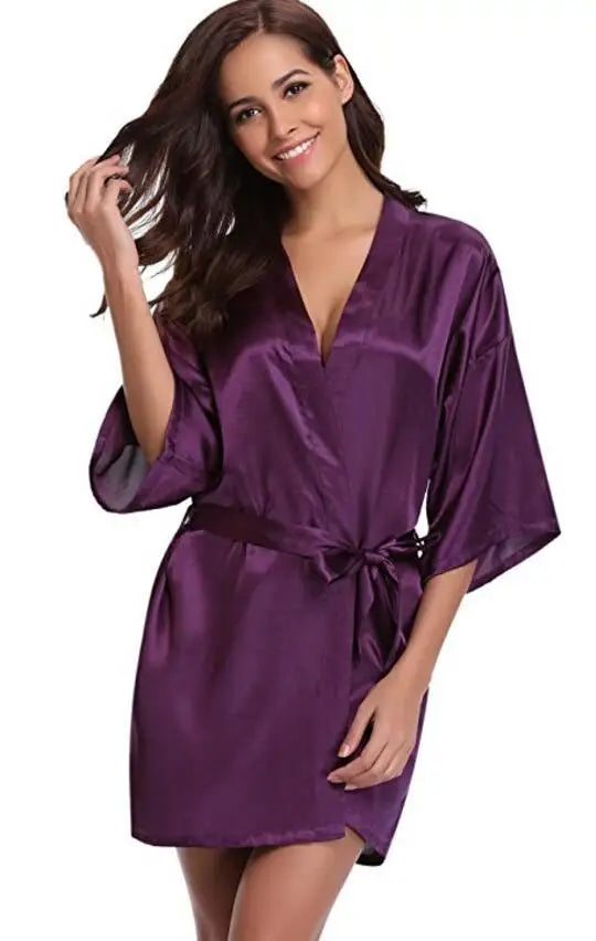 Luxurious Navy Blue Satin Kimono Robe Women's Silk Feel Bridesmaid Dressing Gown Sleepwear