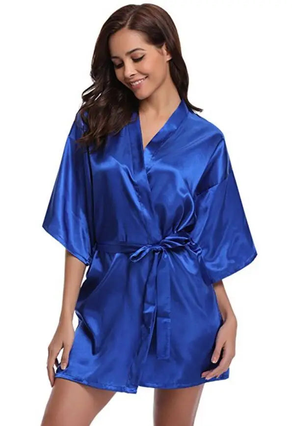 Luxurious Navy Blue Satin Kimono Robe Women's Silk Feel Bridesmaid Dressing Gown Sleepwear