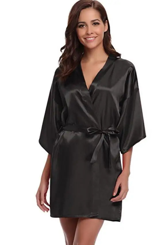 Luxurious Navy Blue Satin Kimono Robe Women's Silk Feel Bridesmaid Dressing Gown Sleepwear