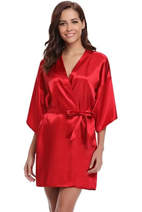 Luxurious Navy Blue Satin Kimono Robe Women's Silk Feel Bridesmaid Dressing Gown Sleepwear