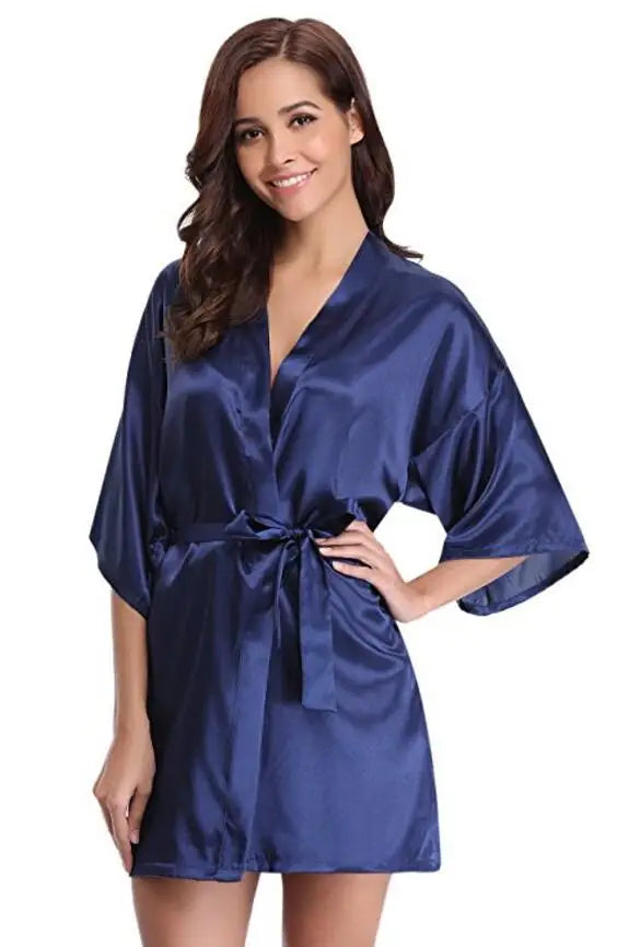 Luxurious Navy Blue Satin Kimono Robe Women's Silk Feel Bridesmaid Dressing Gown Sleepwear