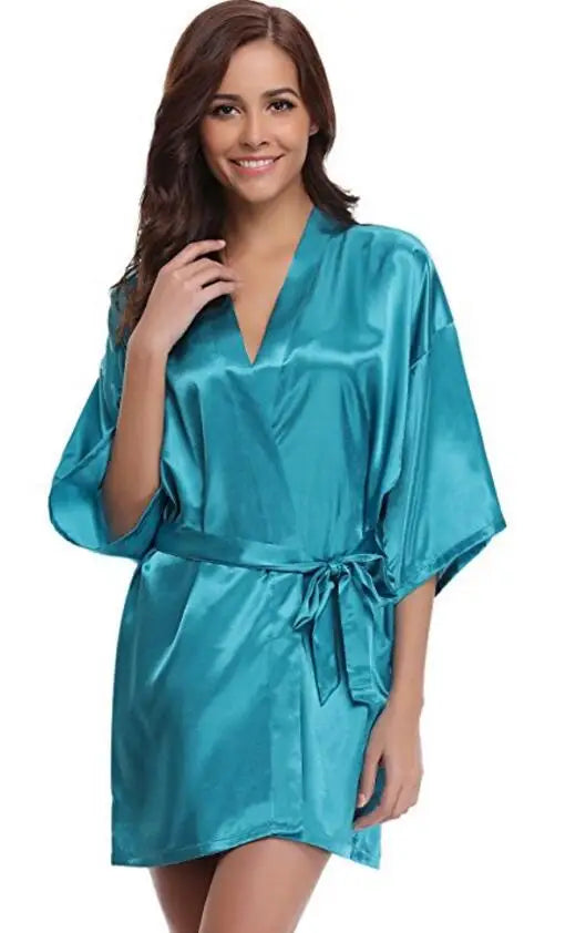 Luxurious Navy Blue Satin Kimono Robe Women's Silk Feel Bridesmaid Dressing Gown Sleepwear