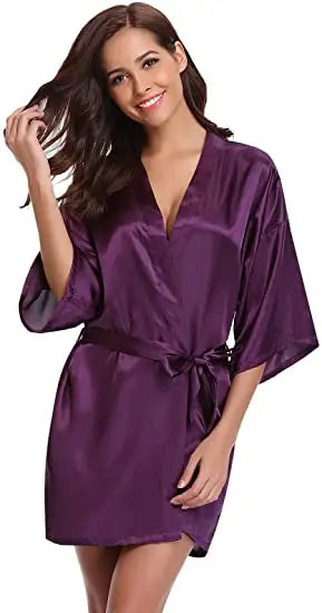 Women's Green Satin Elegant Kimono Bathrobe Bridal Sleepwear Set