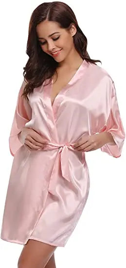 Women's Green Satin Elegant Kimono Bathrobe Bridal Sleepwear Set
