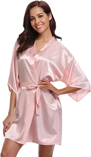 Women's Green Satin Elegant Kimono Bathrobe Bridal Sleepwear Set