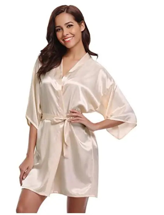 Women's Green Satin Elegant Kimono Bathrobe Bridal Sleepwear Set