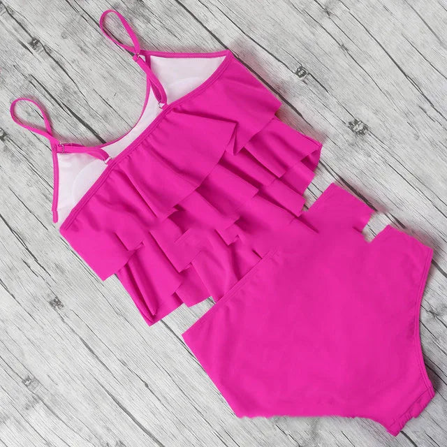 Premium Two Piece Ruffled Top High Waisted Swimsuit Set