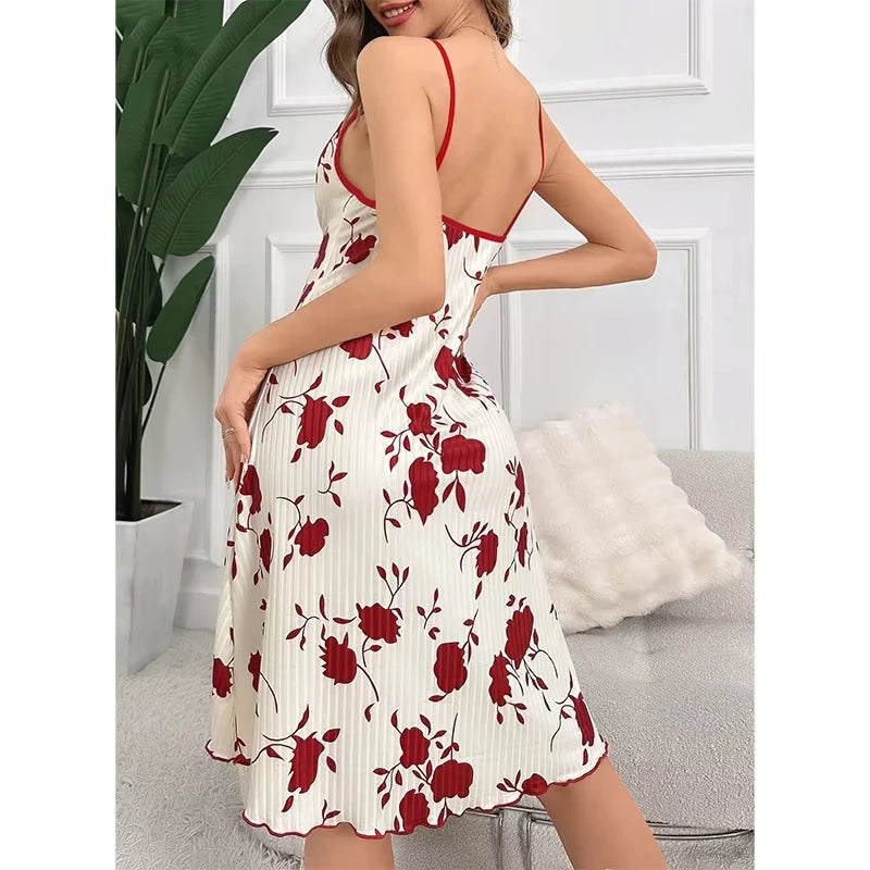 Elegant Women Floral Ribbed Summer Nightgown Lettuce Hem Dress
