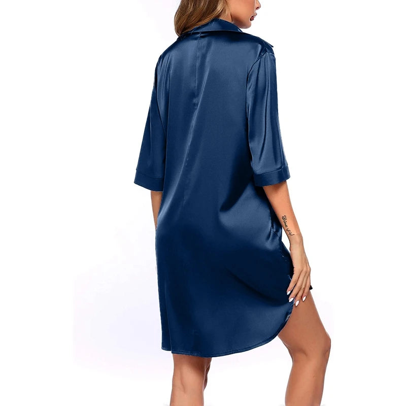 Elegant Satin Button-Up Nightshirt Smooth Long Sleeve Sleepwear Dress