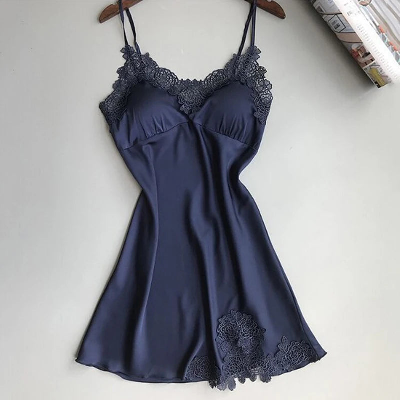 Women's Elegant Silk Satin Nightgown With Floral Lace Trim Soft Sleepwear Robe