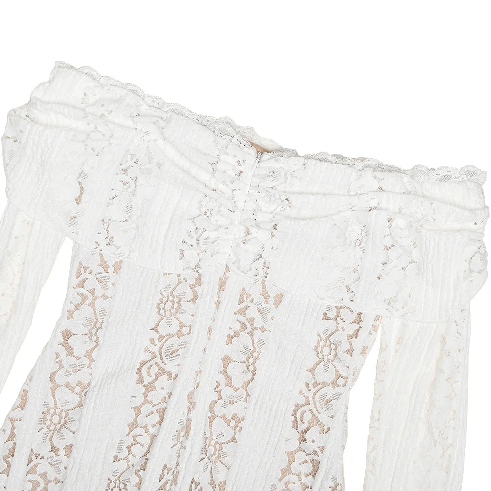 Premium Women White Bodycon Lace Maxi Dress Flare Sleeves