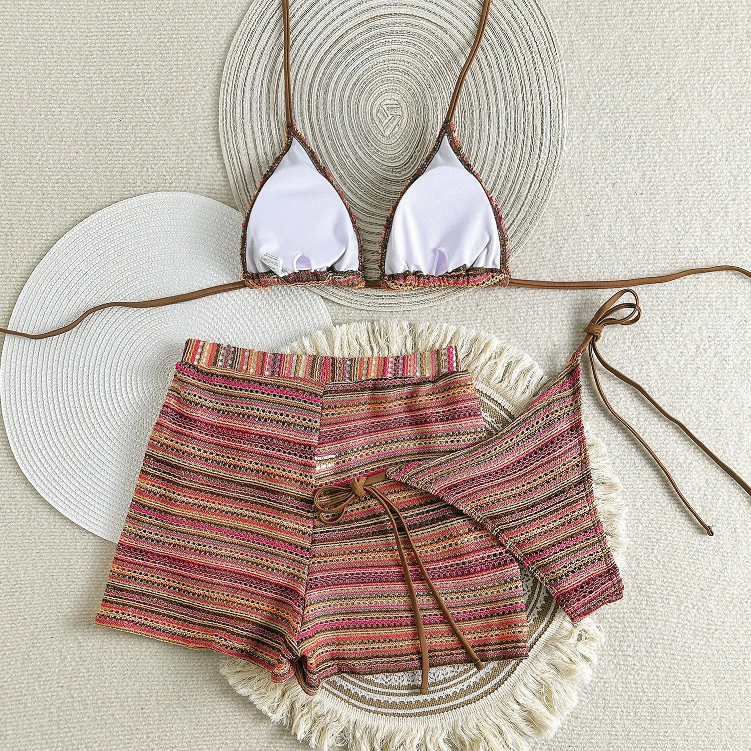Premium Women Striped Knit Halter Bikini Three Piece Swimsuit