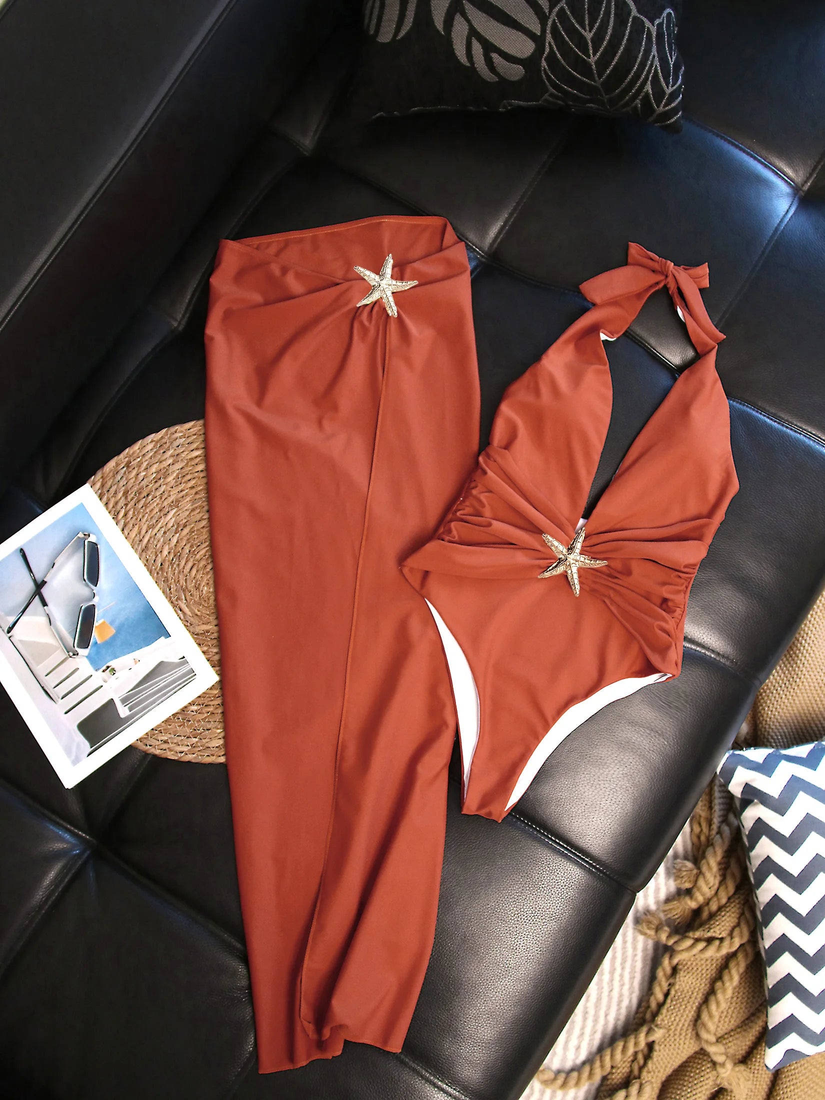 Chic Two Piece Halter Swimsuit Set Matching Beach Skirt