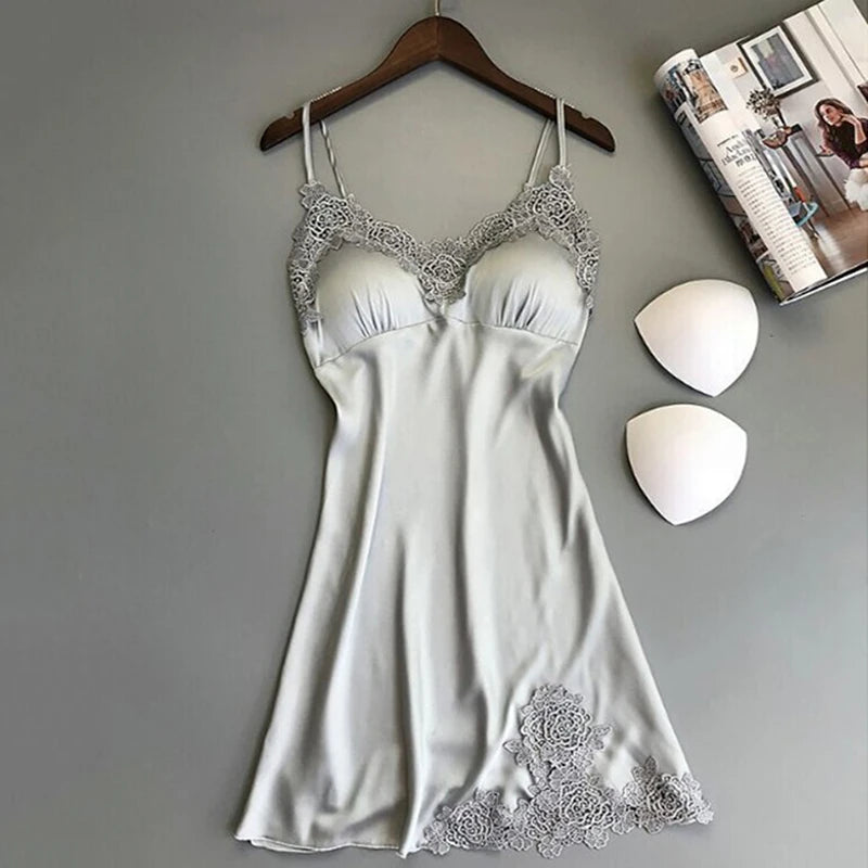 Women's Elegant Silk Satin Nightgown With Floral Lace Trim Soft Sleepwear Robe