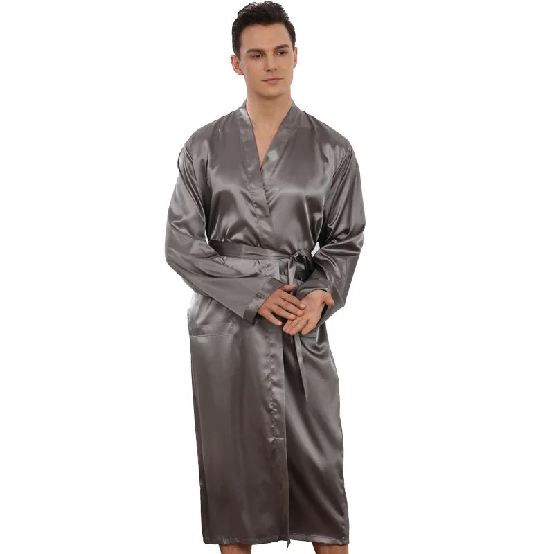 Soft Gray Men's Plus Size Kimono Bathrobe with Pockets