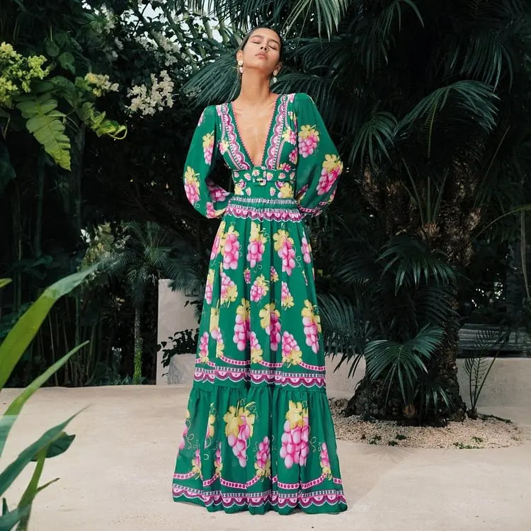Elegant Women Jungle Green Print One Piece Swimsuit Skirt Set
