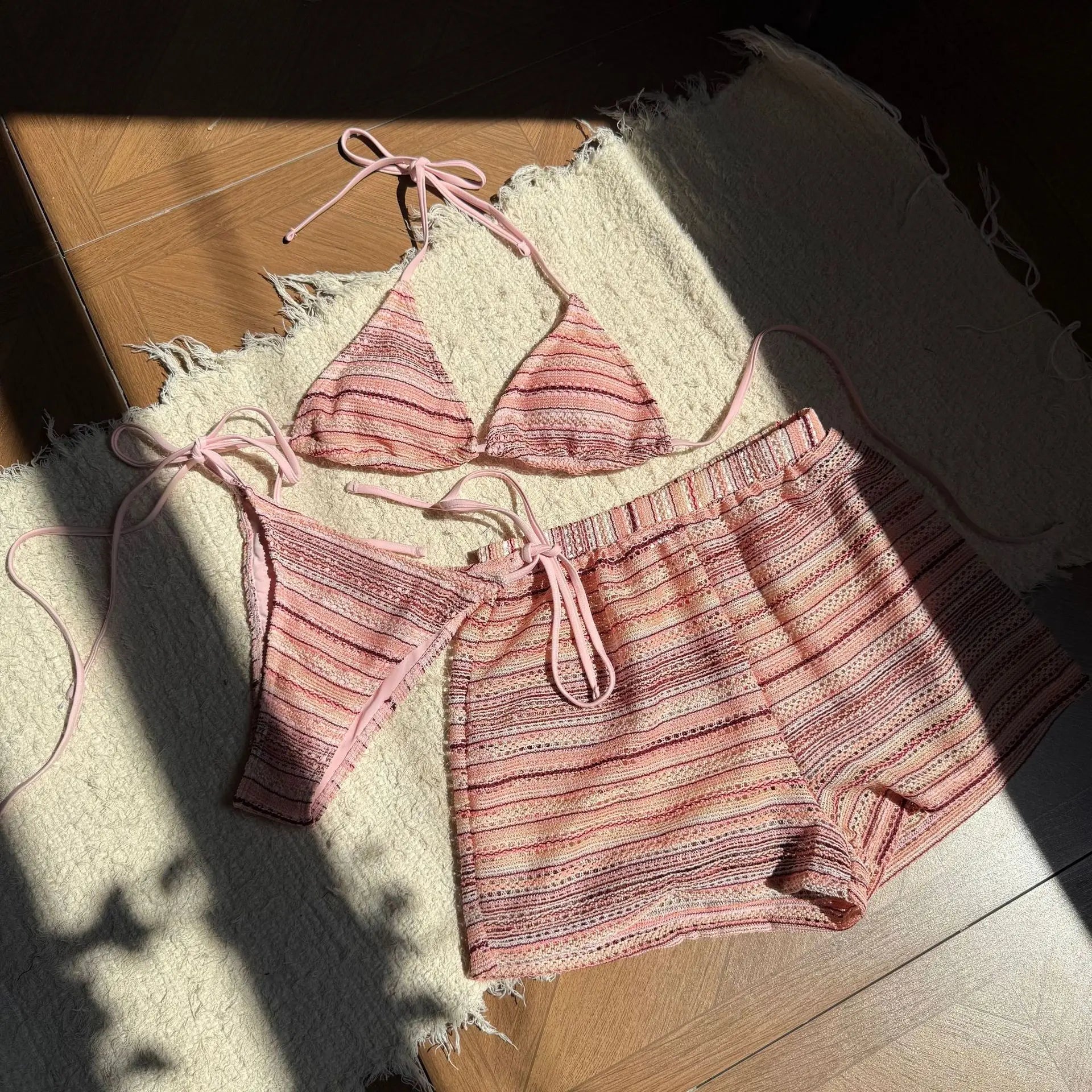 Premium Women Striped Knit Halter Bikini Three Piece Swimsuit