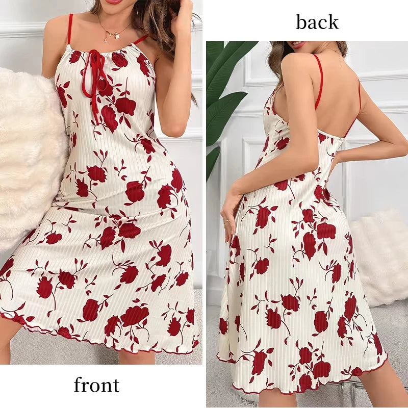 Elegant Women Floral Ribbed Summer Nightgown Lettuce Hem Dress