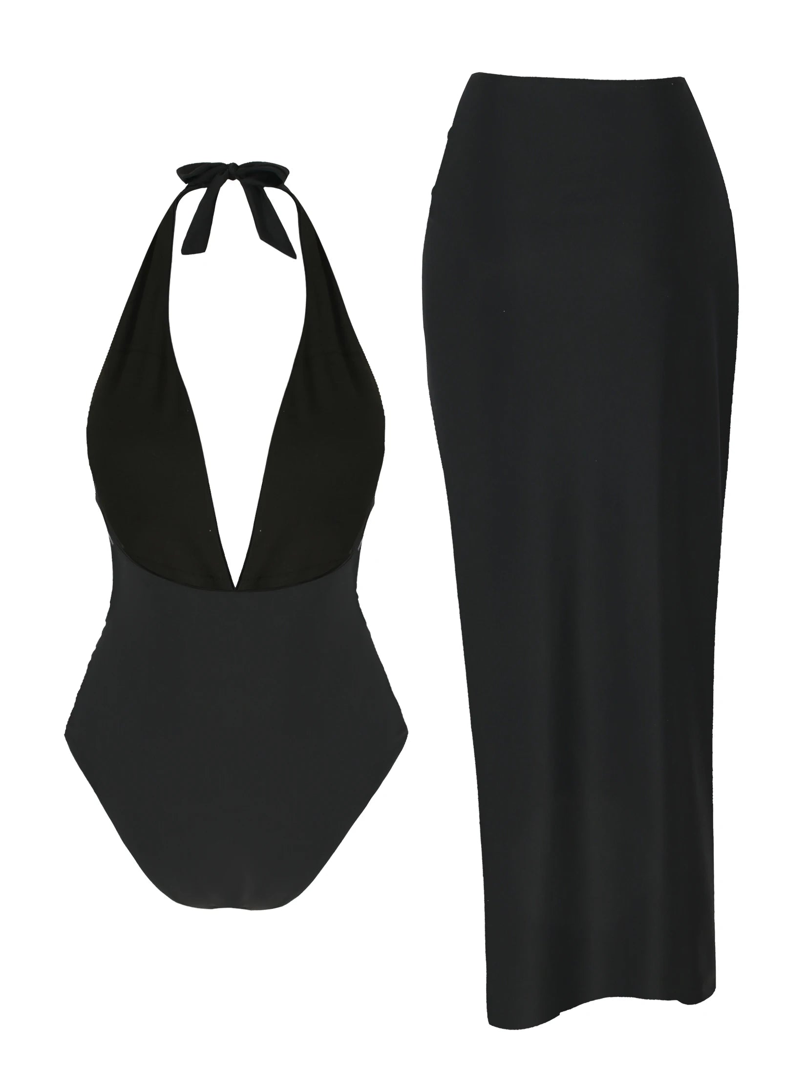 Chic Two Piece Halter Swimsuit Set Matching Beach Skirt