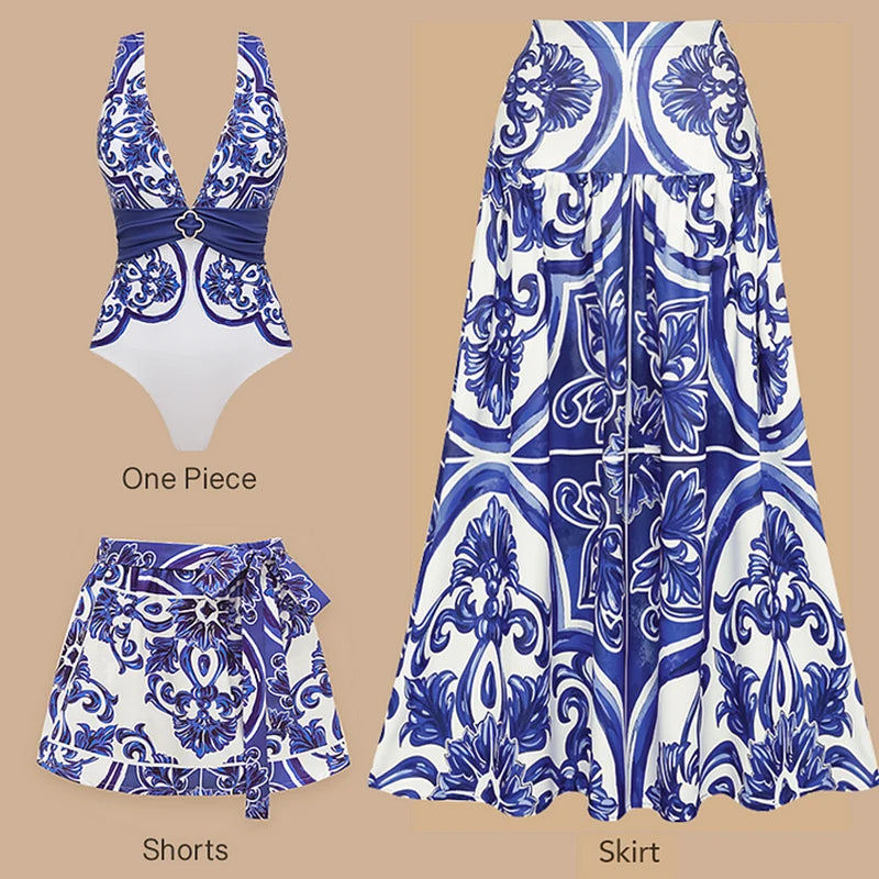 Premium Majolica Print One Piece Swimsuit And Pants Set