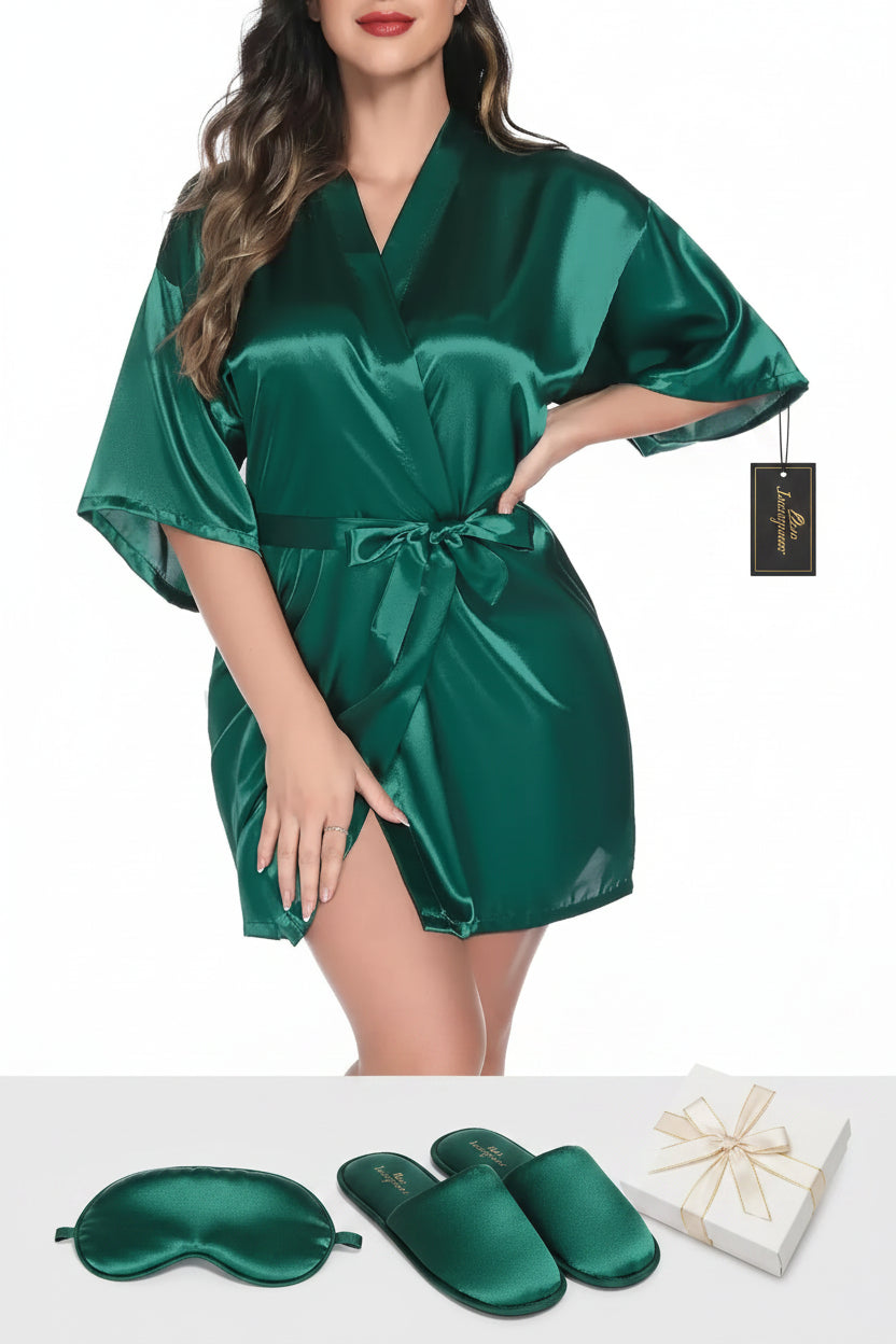 Women's Green Satin Elegant Kimono Bathrobe Bridal Sleepwear Set