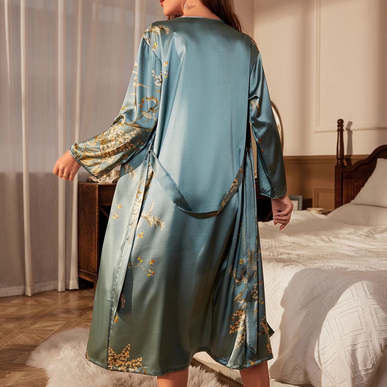 Women's Cherry Print Belted Satin Loungewear Elegant Robe