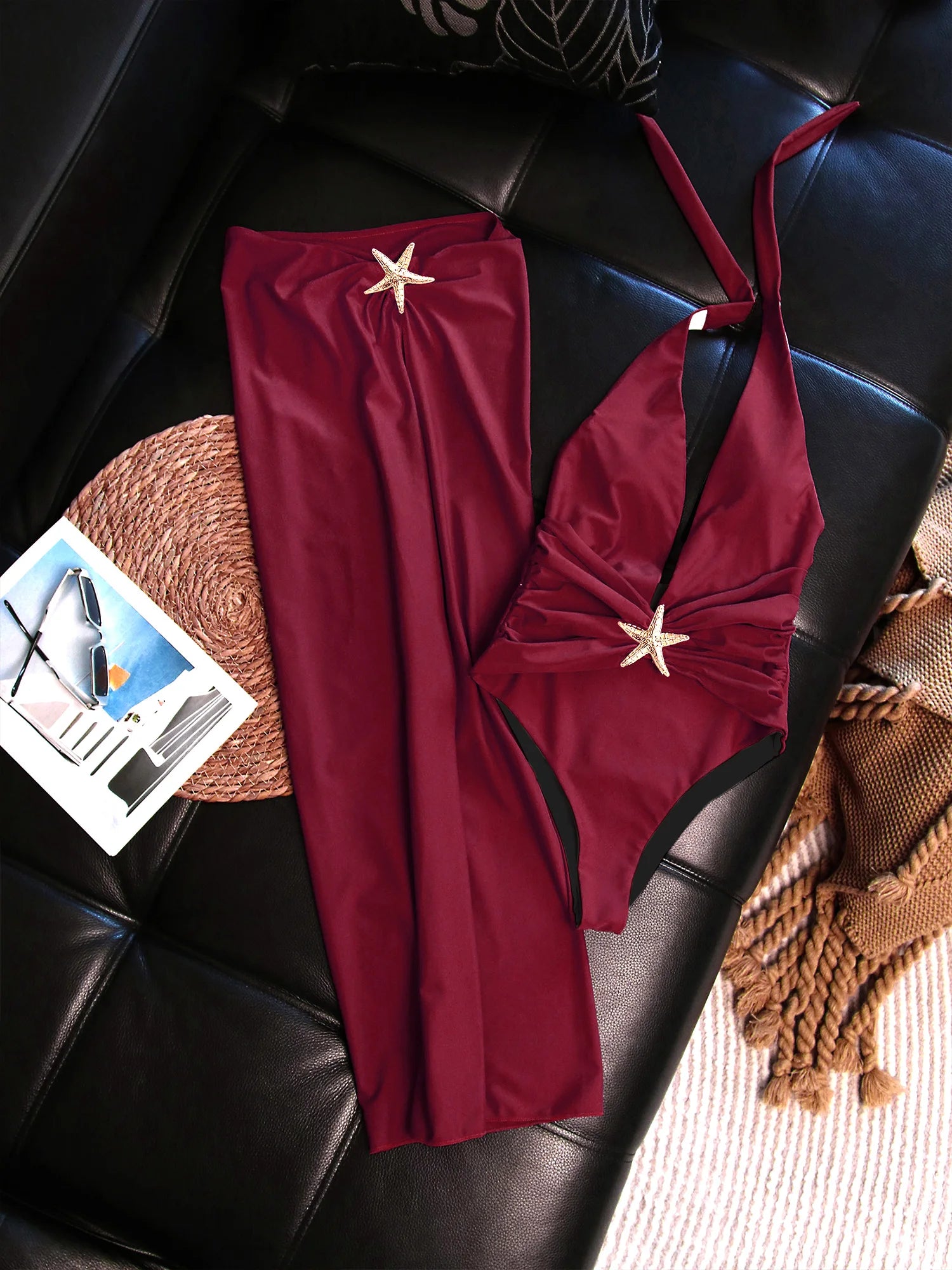 Chic Two Piece Halter Swimsuit Set Matching Beach Skirt