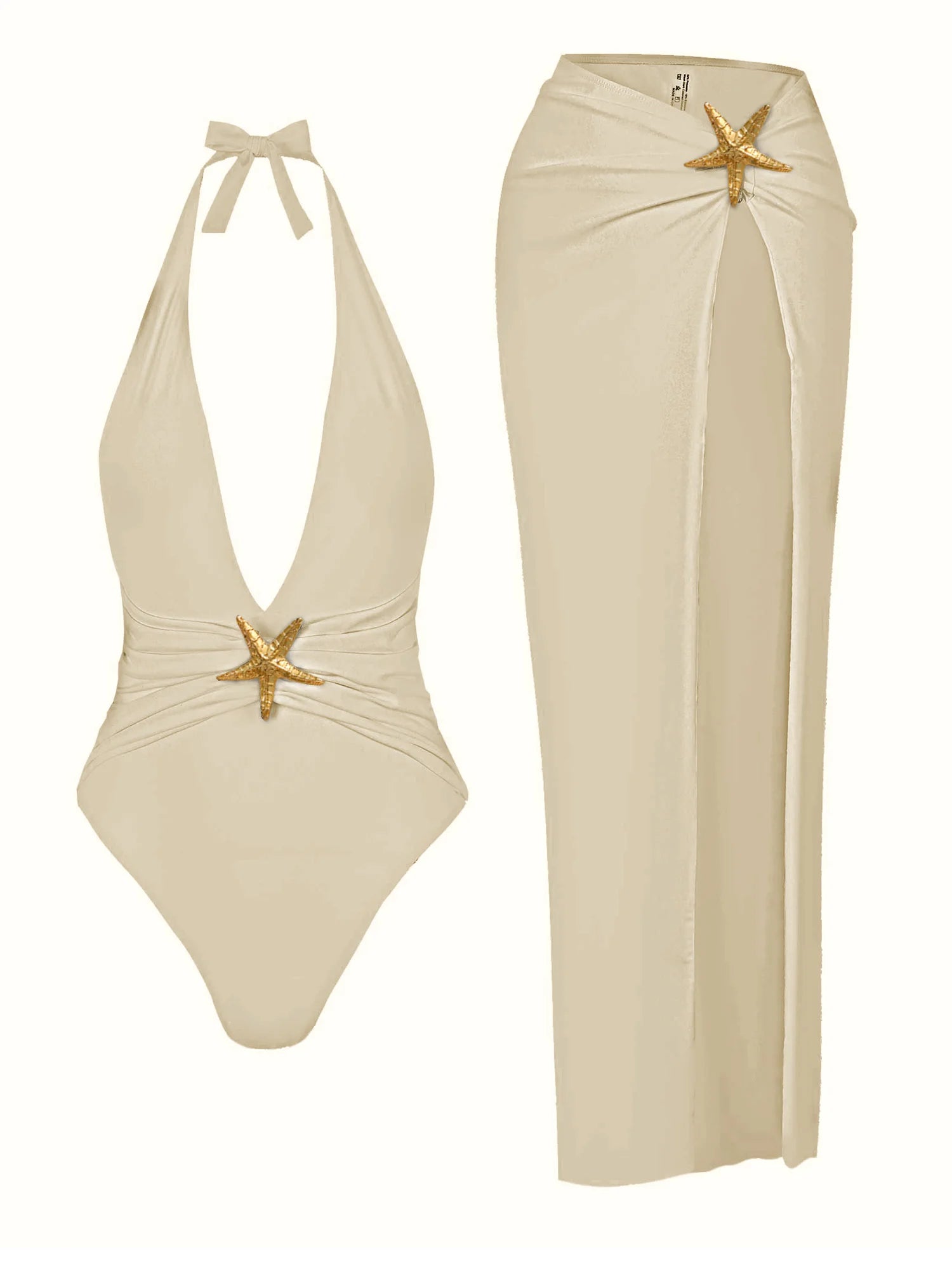 Chic Two Piece Halter Swimsuit Set Matching Beach Skirt