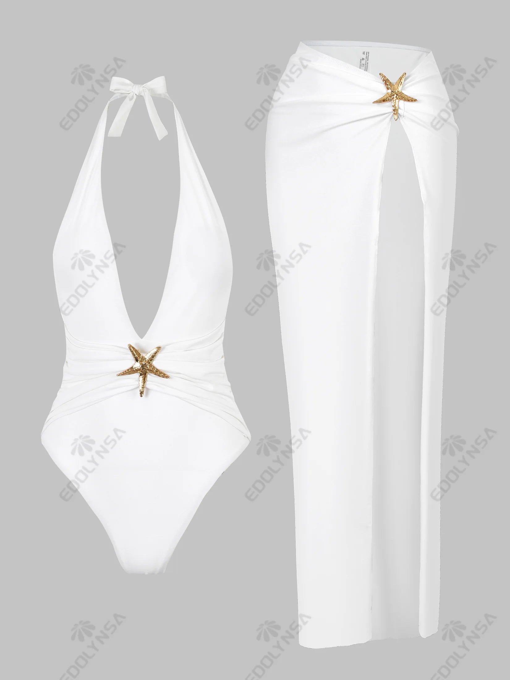 Chic Two Piece Halter Swimsuit Set Matching Beach Skirt
