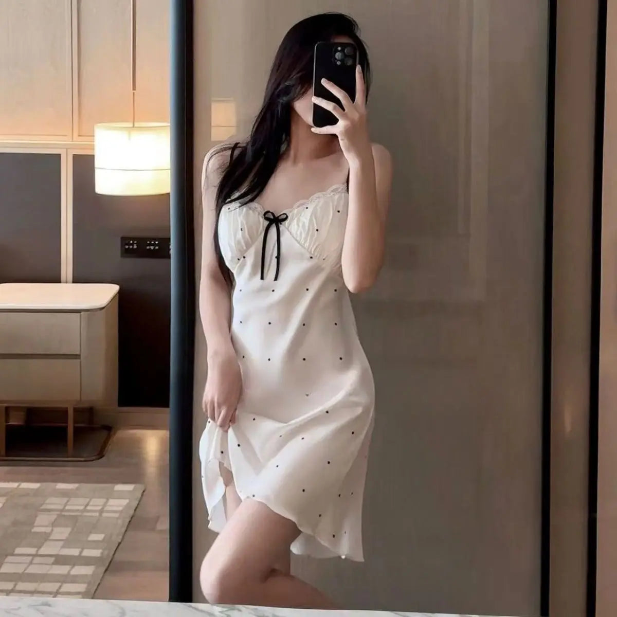 Women's Summer Ice Silk Chemise Nightgown With Elegant Lace Trim V-Neck Sleepwear