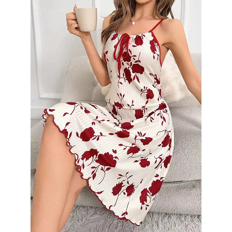 Elegant Women Floral Ribbed Summer Nightgown Lettuce Hem Dress