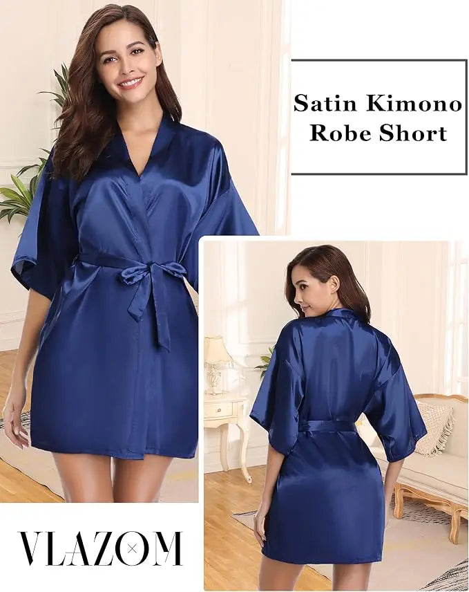 Women's Green Satin Elegant Kimono Bathrobe Bridal Sleepwear Set