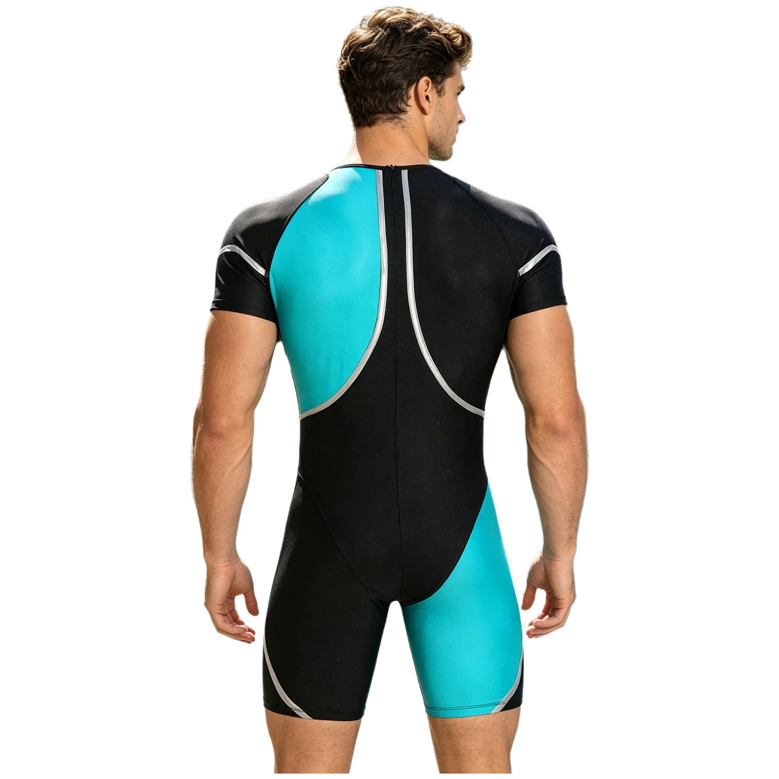 Men's Short Sleeve Rash Guard One Piece Swimsuit Zipper