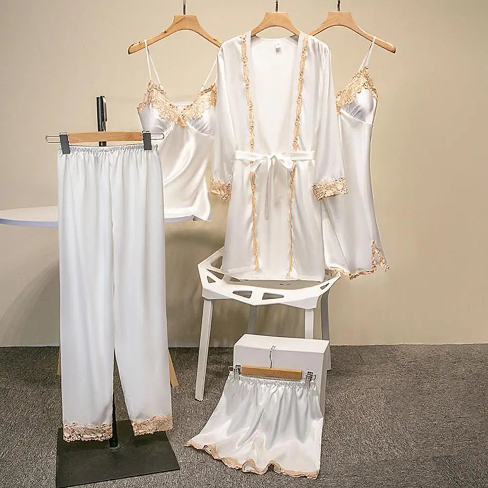Women's 5-Piece Satin Sleepwear Set Includes Robe Nightgown Top Shorts And Pants