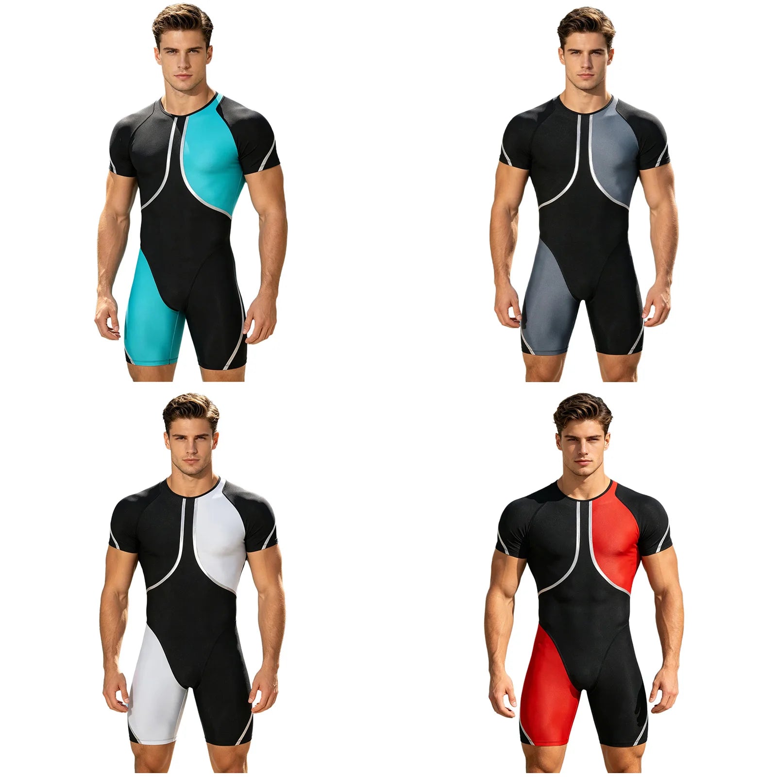 Men's Short Sleeve Rash Guard One Piece Swimsuit Zipper